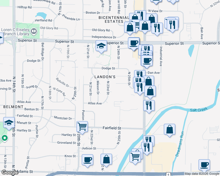 map of restaurants, bars, coffee shops, grocery stores, and more near 4124 North 23rd Street in Lincoln