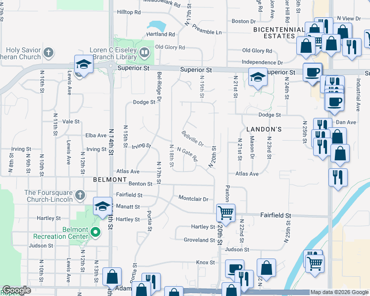 map of restaurants, bars, coffee shops, grocery stores, and more near 4149 Bellville Drive in Lincoln