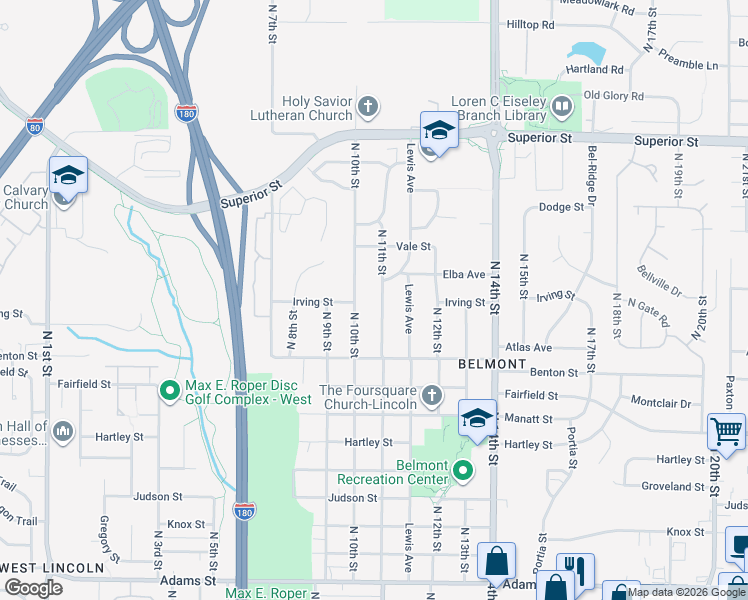 map of restaurants, bars, coffee shops, grocery stores, and more near 4121 North 11th Street in Lincoln