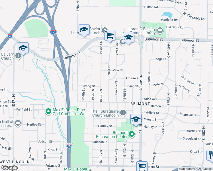 map of restaurants, bars, coffee shops, grocery stores, and more near 4121 North 11th Street in Lincoln