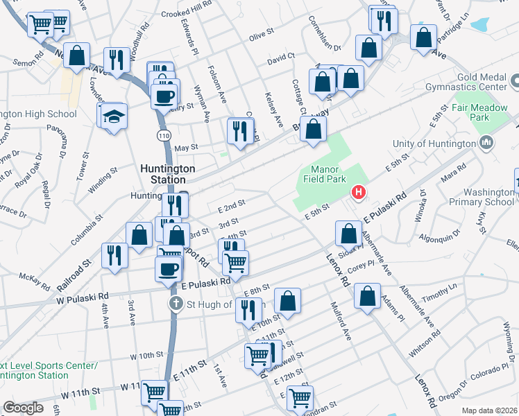map of restaurants, bars, coffee shops, grocery stores, and more near 127 East 3rd Street in Huntington Station