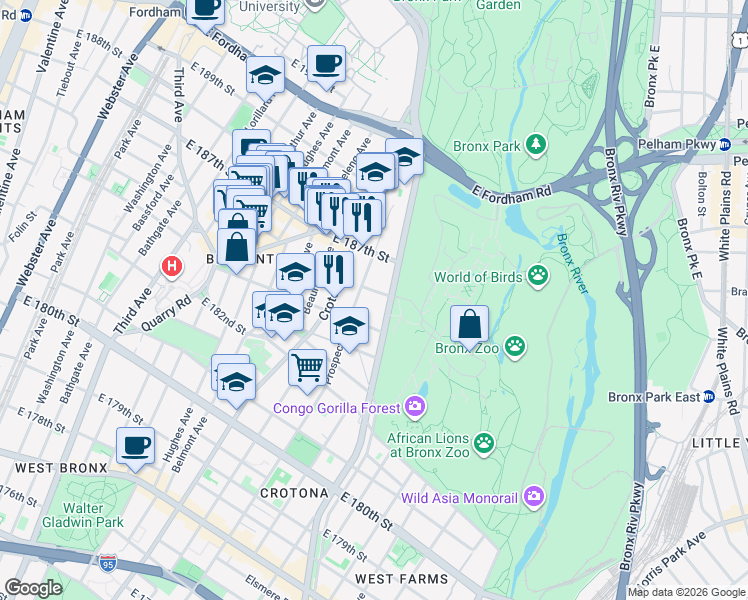 map of restaurants, bars, coffee shops, grocery stores, and more near 780 East 185th Street in Bronx