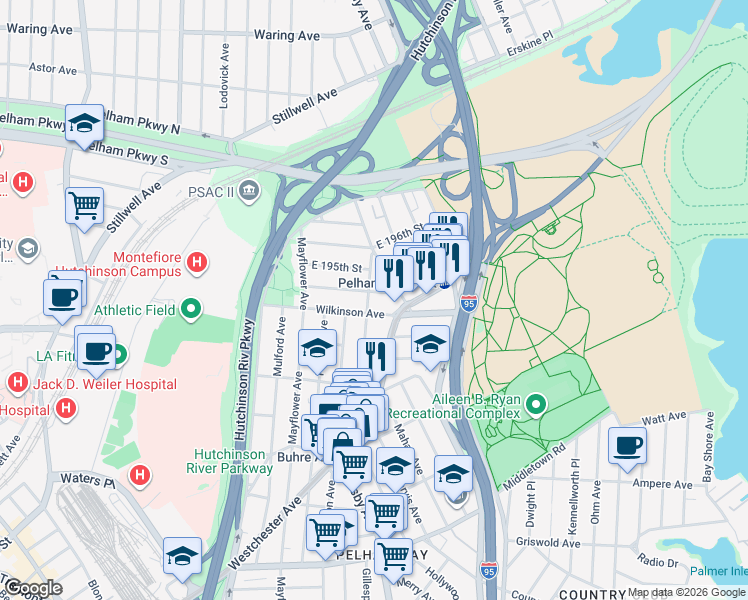 map of restaurants, bars, coffee shops, grocery stores, and more near 2025 Continental Avenue in Bronx
