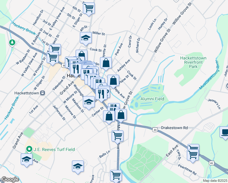 map of restaurants, bars, coffee shops, grocery stores, and more near 131 Maple Avenue in Hackettstown