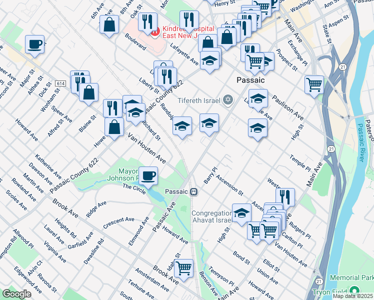 map of restaurants, bars, coffee shops, grocery stores, and more near 270 Passaic Avenue in Passaic