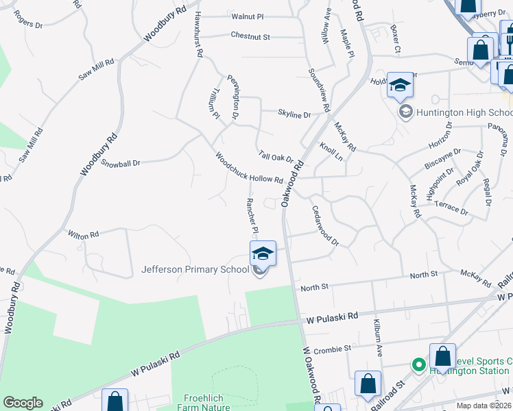 map of restaurants, bars, coffee shops, grocery stores, and more near 34 Rancher Place in Huntington