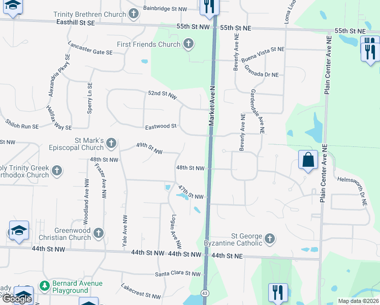 map of restaurants, bars, coffee shops, grocery stores, and more near 4927 Market Avenue North in Canton