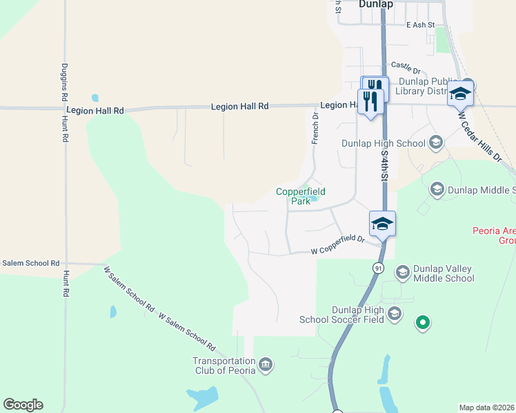 map of restaurants, bars, coffee shops, grocery stores, and more near 616 Copper Ridge Court in Dunlap