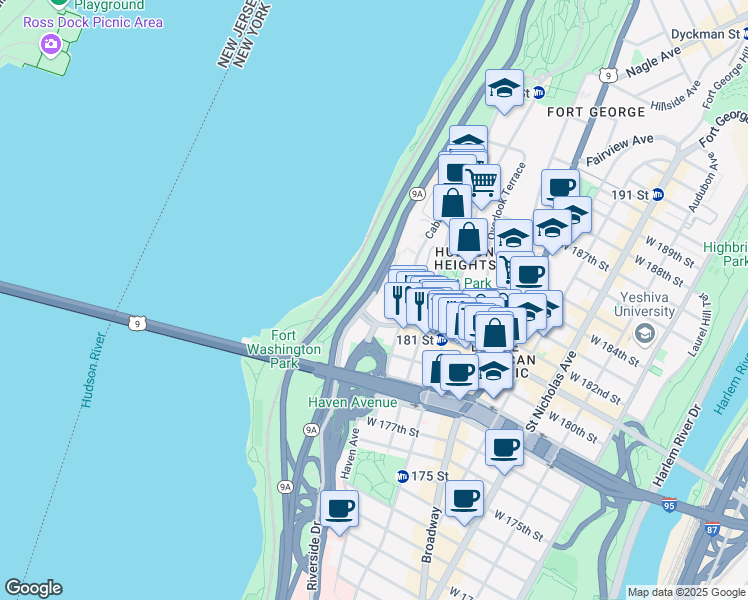 map of restaurants, bars, coffee shops, grocery stores, and more near 1380 Riverside Drive in New York