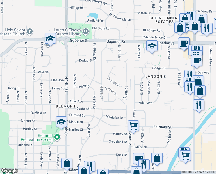 map of restaurants, bars, coffee shops, grocery stores, and more near 4149 Bellville Drive in Lincoln