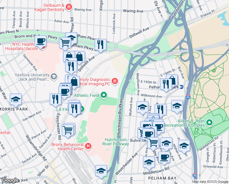 map of restaurants, bars, coffee shops, grocery stores, and more near 1200 Waters Place in The Bronx