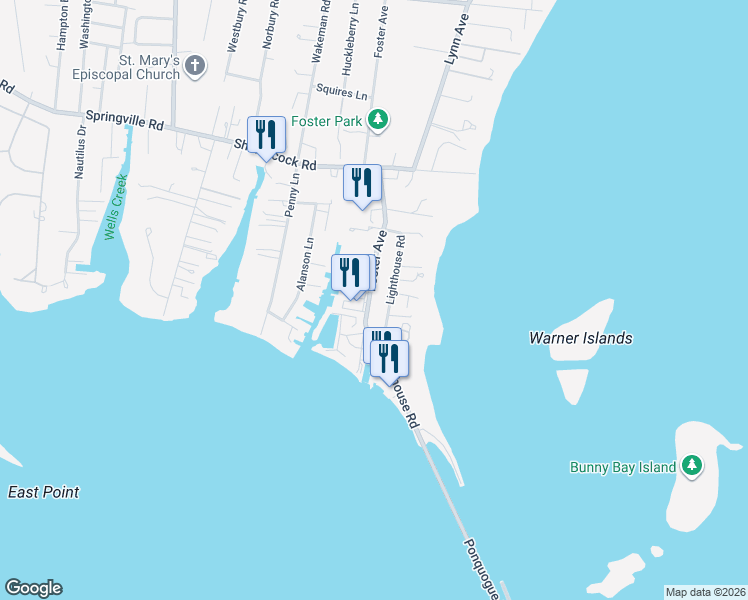 map of restaurants, bars, coffee shops, grocery stores, and more near 79 Foster Avenue in Hampton Bays