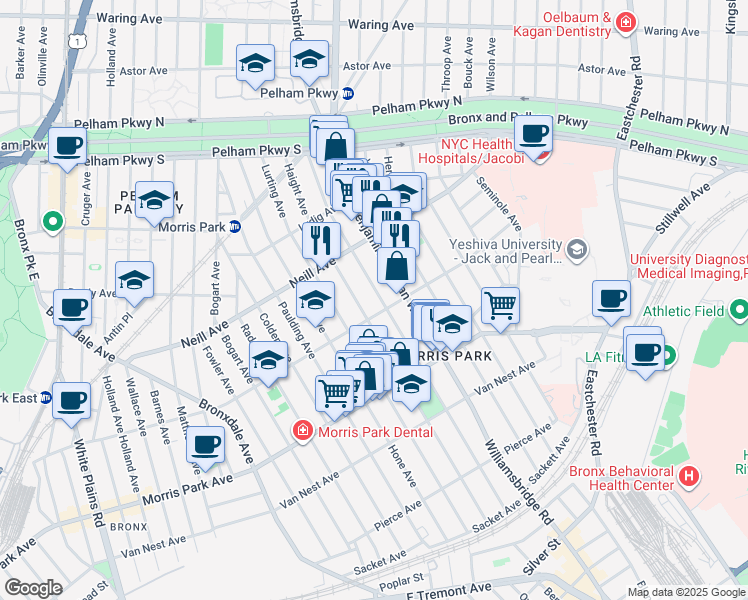 map of restaurants, bars, coffee shops, grocery stores, and more near 1926 Tomlinson Avenue in Bronx
