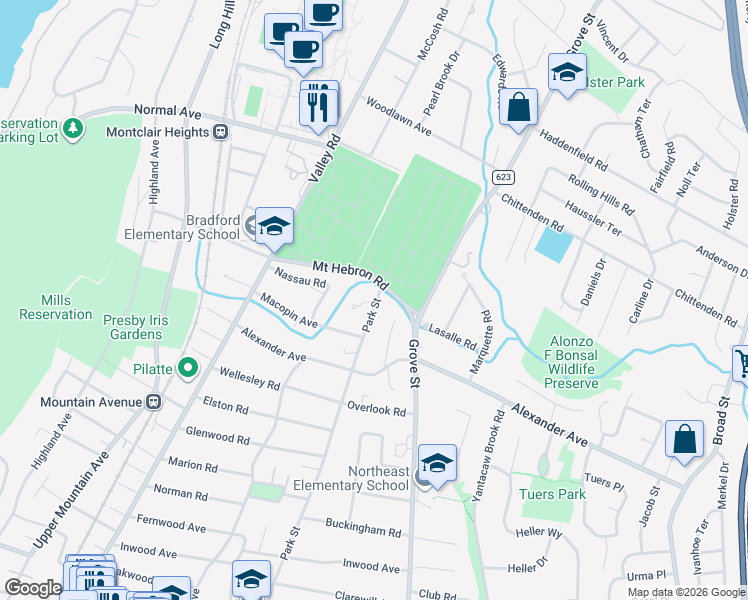 map of restaurants, bars, coffee shops, grocery stores, and more near 580 Park Street in Montclair