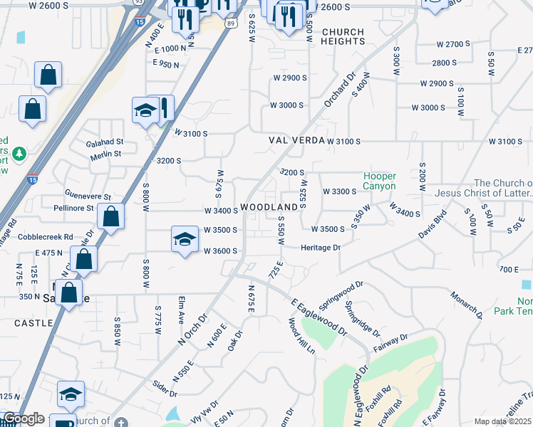 map of restaurants, bars, coffee shops, grocery stores, and more near 3432 South 575 West in Bountiful