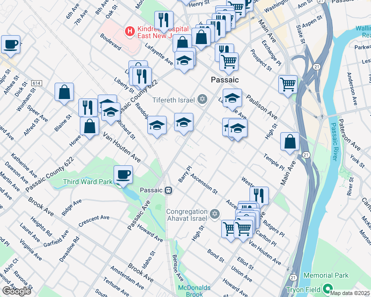 map of restaurants, bars, coffee shops, grocery stores, and more near 245 Passaic Avenue in Passaic