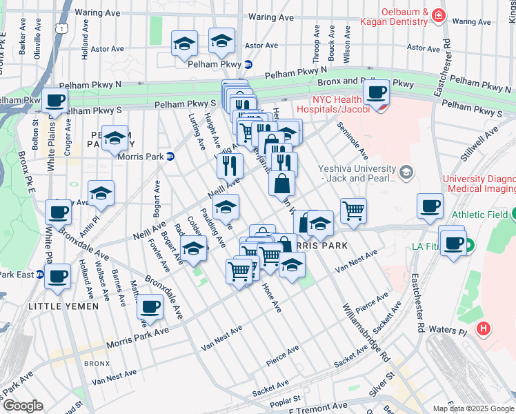 map of restaurants, bars, coffee shops, grocery stores, and more near 1943 Haight Avenue in Bronx