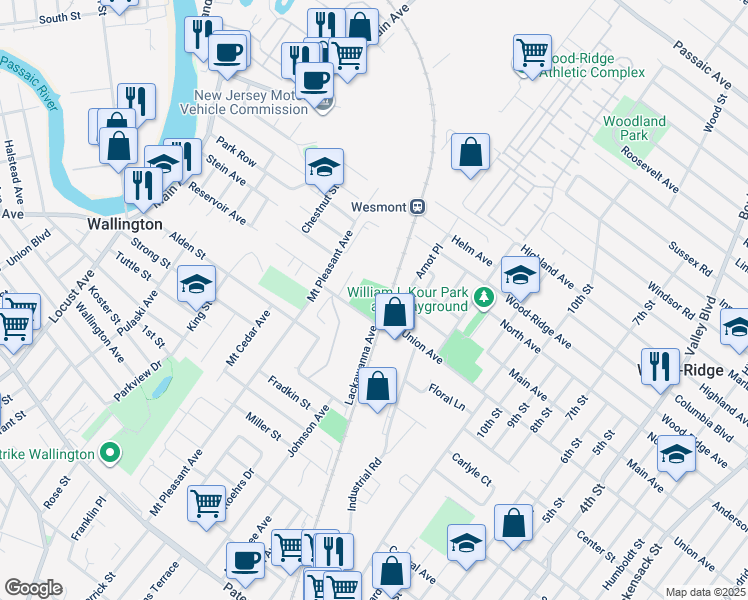 map of restaurants, bars, coffee shops, grocery stores, and more near 50 Spring Street in Wallington