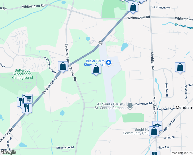 map of restaurants, bars, coffee shops, grocery stores, and more near 107 Corks Lane in Butler
