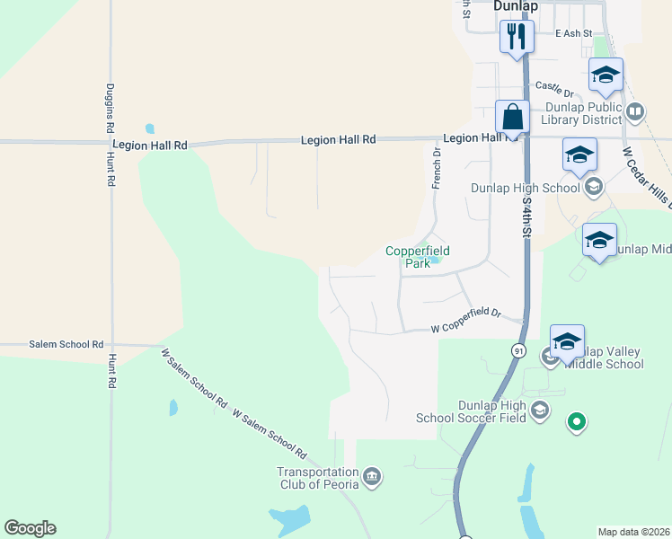 map of restaurants, bars, coffee shops, grocery stores, and more near Copperpoint Drive in Dunlap