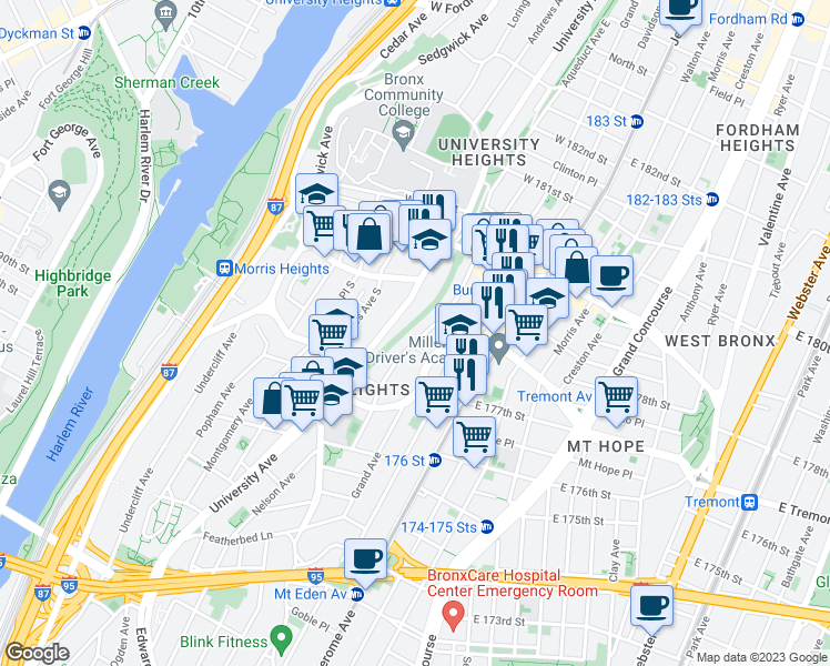 map of restaurants, bars, coffee shops, grocery stores, and more near 1873 Harrison Avenue in Bronx