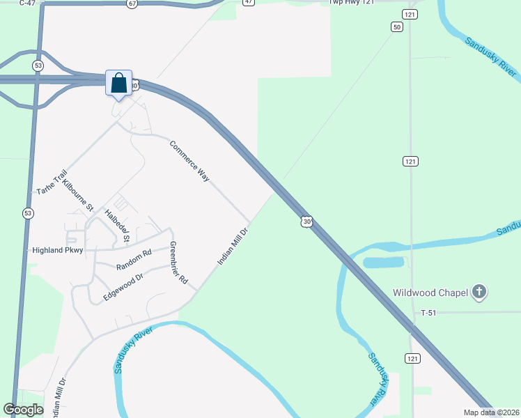 map of restaurants, bars, coffee shops, grocery stores, and more near 9882 County Highway 50 in Upper Sandusky