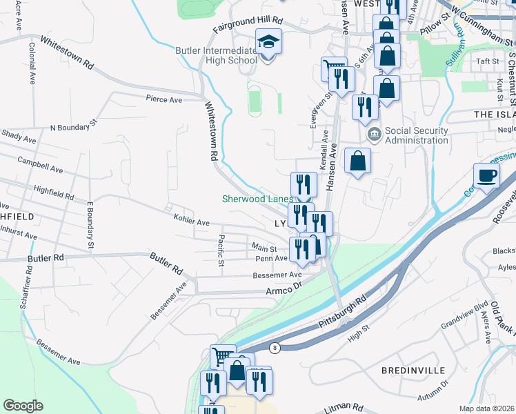 map of restaurants, bars, coffee shops, grocery stores, and more near in Lyndora
