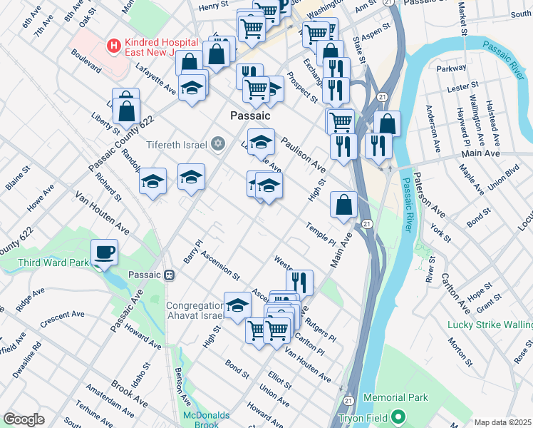 map of restaurants, bars, coffee shops, grocery stores, and more near 181 Pennington Avenue in Passaic
