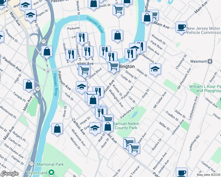 map of restaurants, bars, coffee shops, grocery stores, and more near 75 Locust Avenue in Wallington
