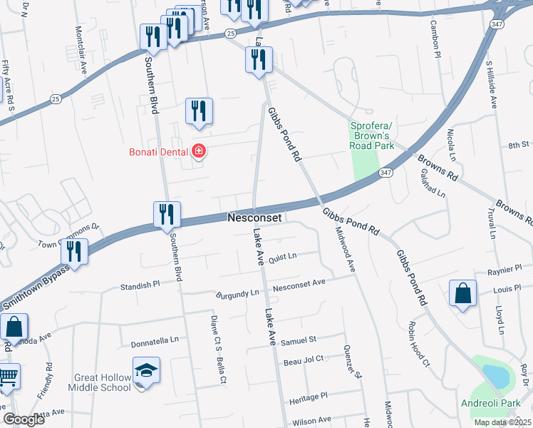 map of restaurants, bars, coffee shops, grocery stores, and more near in Nesconset