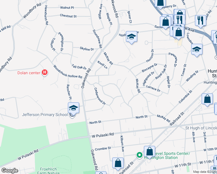 map of restaurants, bars, coffee shops, grocery stores, and more near 39 Hillwood Drive in Huntington Station