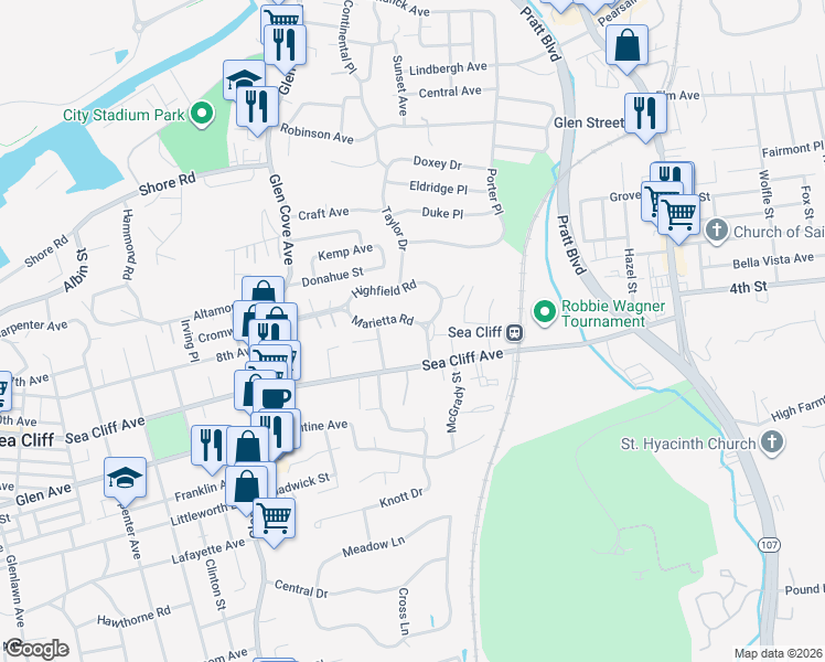 map of restaurants, bars, coffee shops, grocery stores, and more near 40 Highfield Road in Glen Cove