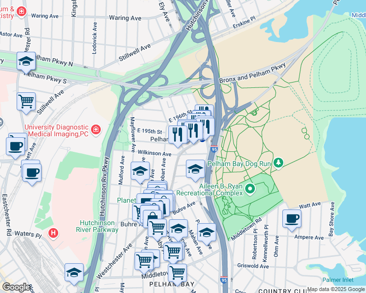 map of restaurants, bars, coffee shops, grocery stores, and more near 2025 Continental Avenue in Bronx