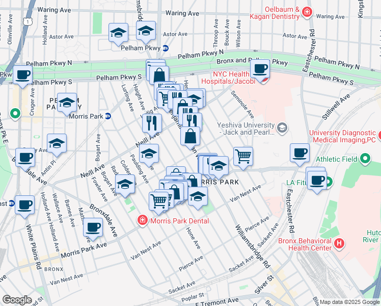 map of restaurants, bars, coffee shops, grocery stores, and more near 1926 Tomlinson Avenue in Bronx