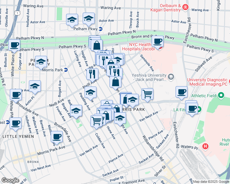 map of restaurants, bars, coffee shops, grocery stores, and more near 1926 Tomlinson Avenue in Bronx