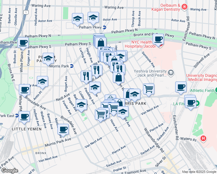 map of restaurants, bars, coffee shops, grocery stores, and more near 1943 Haight Avenue in Bronx
