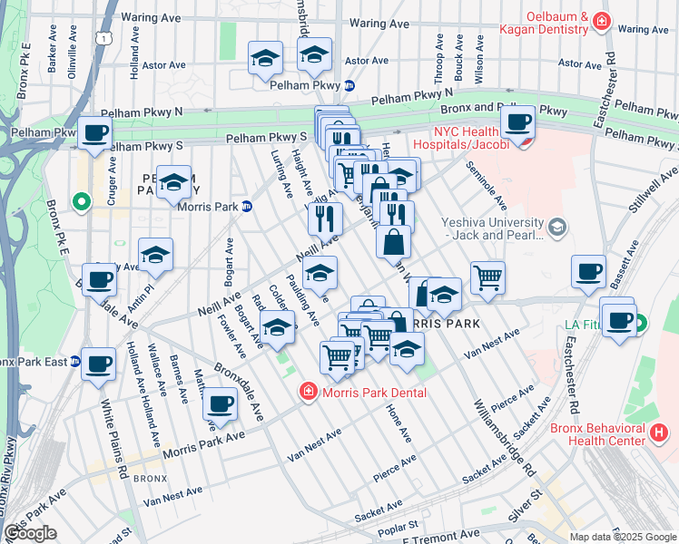 map of restaurants, bars, coffee shops, grocery stores, and more near 1943 Haight Avenue in Bronx