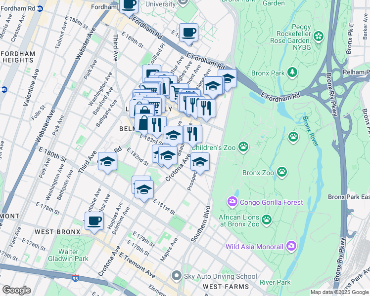 map of restaurants, bars, coffee shops, grocery stores, and more near in The Bronx