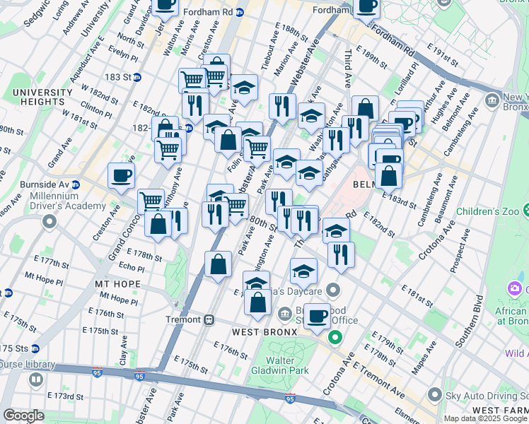 map of restaurants, bars, coffee shops, grocery stores, and more near in The Bronx