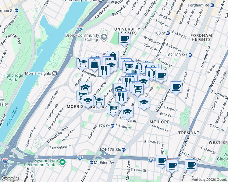 map of restaurants, bars, coffee shops, grocery stores, and more near 1975 Grand Avenue in The Bronx