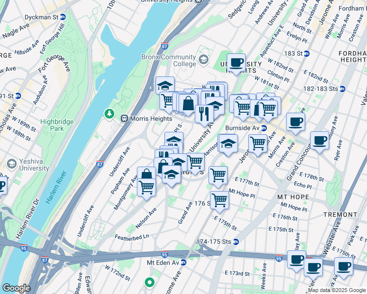 map of restaurants, bars, coffee shops, grocery stores, and more near 1852 Andrews Avenue South in Bronx