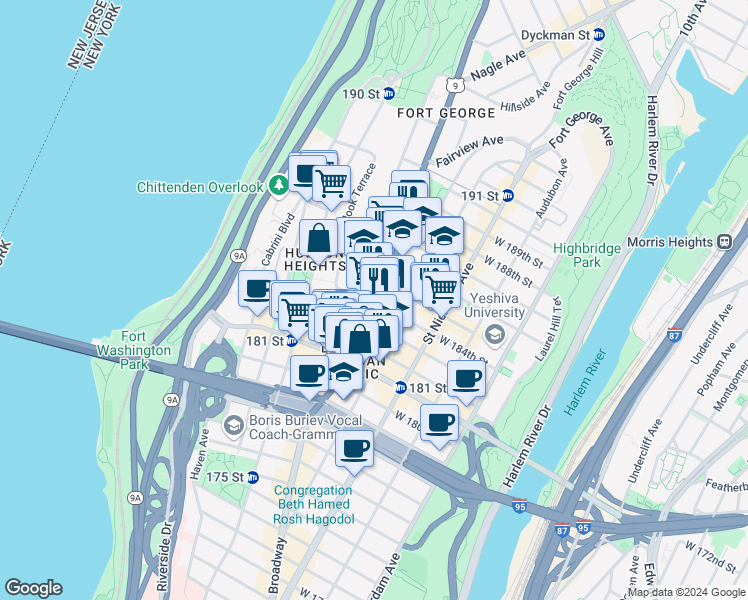map of restaurants, bars, coffee shops, grocery stores, and more near 703 West 184th Street in New York