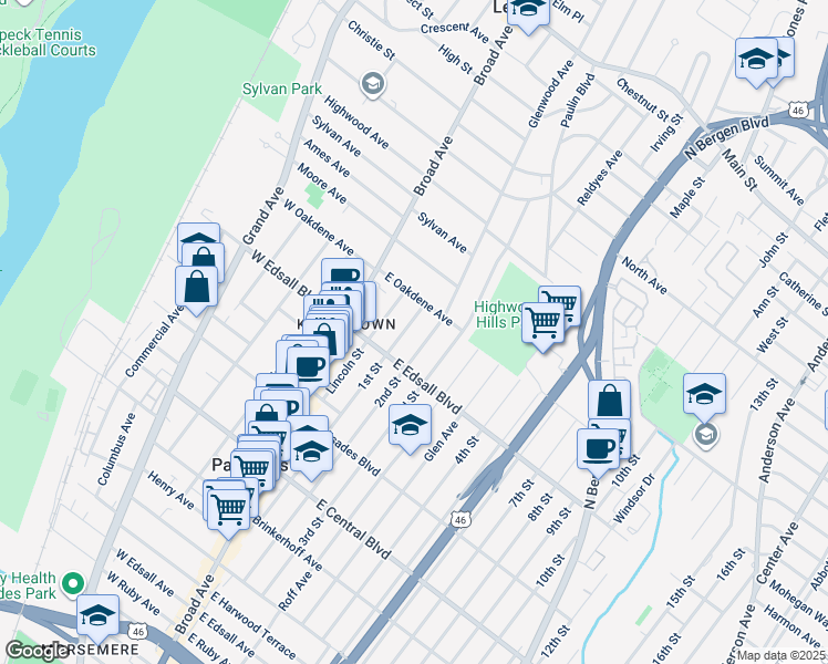 map of restaurants, bars, coffee shops, grocery stores, and more near 534 1st Street in Palisades Park