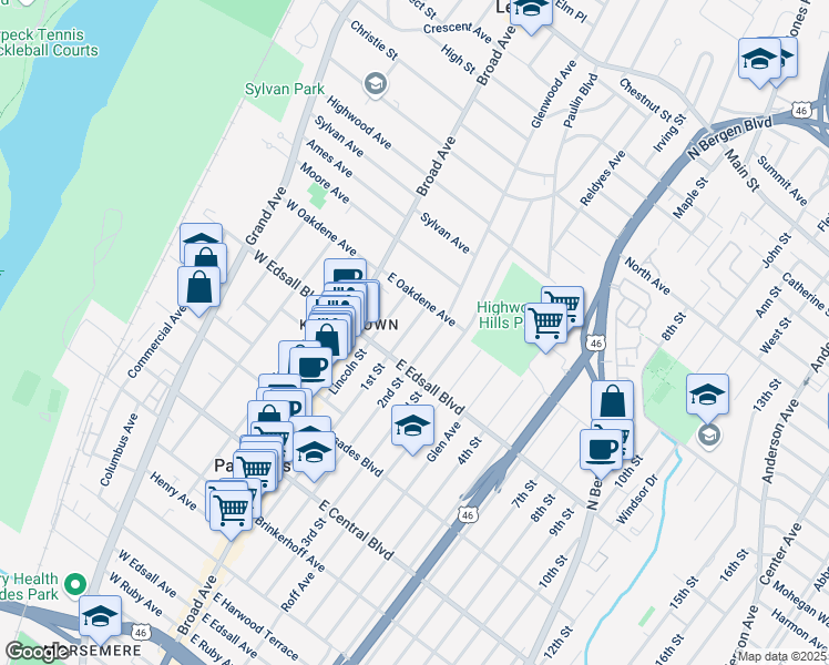 map of restaurants, bars, coffee shops, grocery stores, and more near 534 1st Street in Palisades Park