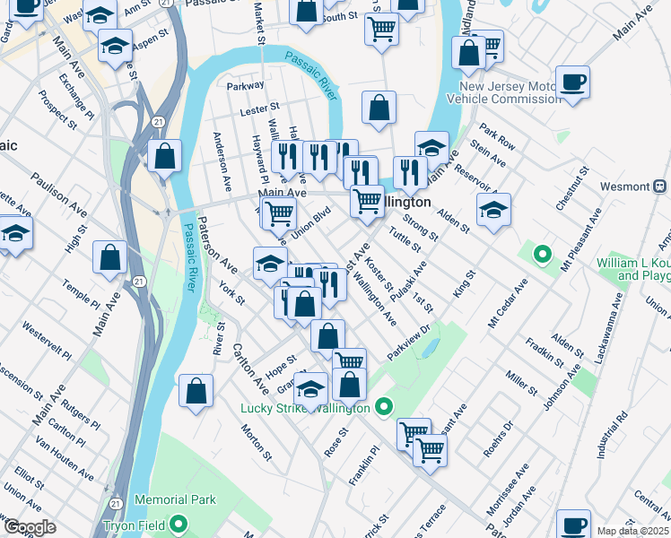 map of restaurants, bars, coffee shops, grocery stores, and more near 75 Locust Avenue in Wallington