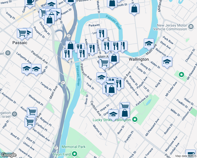 map of restaurants, bars, coffee shops, grocery stores, and more near 17 Union Boulevard in Wallington