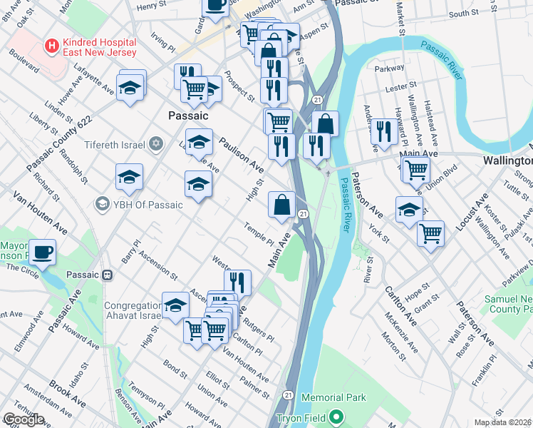 map of restaurants, bars, coffee shops, grocery stores, and more near 75 Lafayette Avenue in Passaic