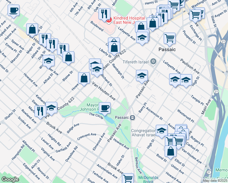 map of restaurants, bars, coffee shops, grocery stores, and more near 44 Richard Street in Passaic
