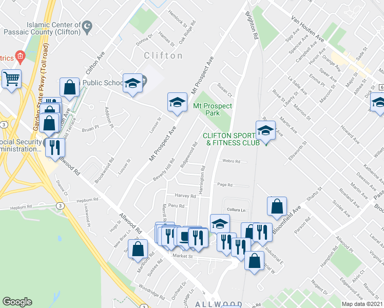 map of restaurants, bars, coffee shops, grocery stores, and more near 63 Ridgewood Road in Clifton