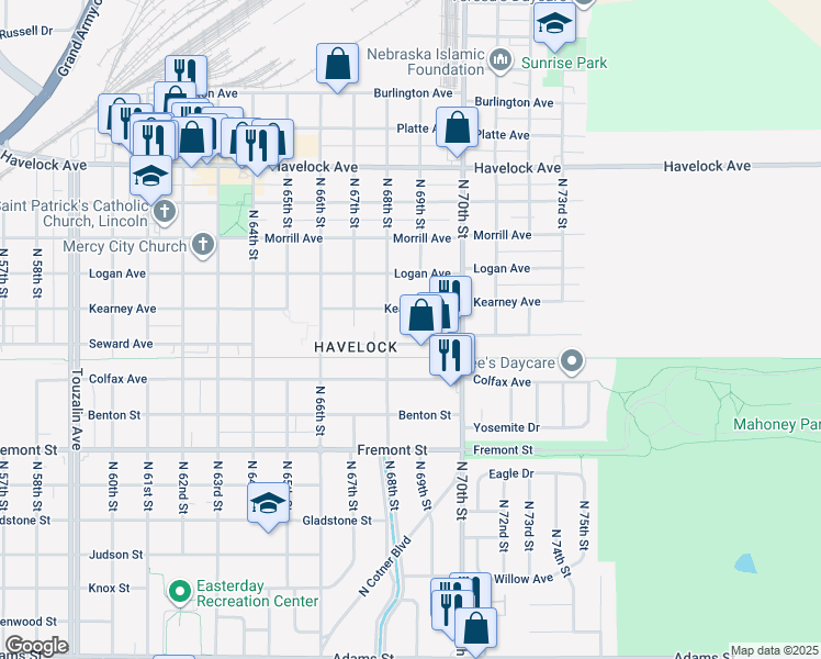 map of restaurants, bars, coffee shops, grocery stores, and more near 6841 Kearney Avenue in Lincoln